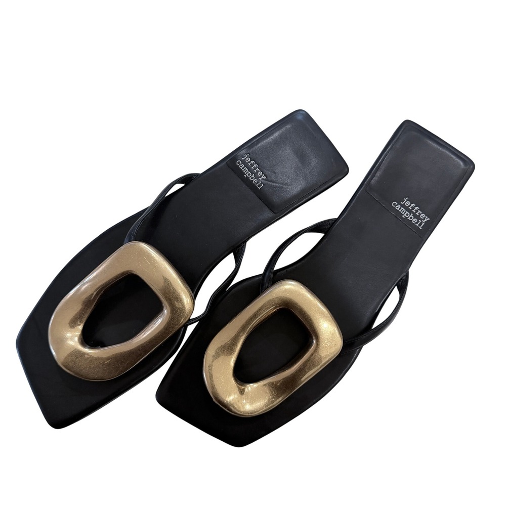 Jeffrey Campbell Linques-2 Black Gold Buckle Square Toe Thong Sandals Size 8.5